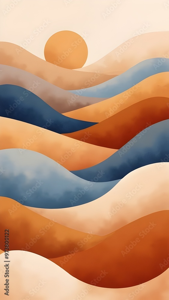Abstract landscape with rolling hills and a warm sun during sunset in soft pastel colors. Generative AI Abstract landscape with rolling hills and a warm sun during sunset in soft pastel colors. Generative AI