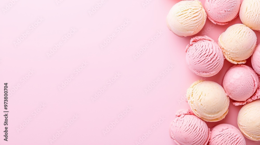 Pink and Vanilla Ice Cream Scoops on Pink Background Pink and Vanilla Ice Cream Scoops on Pink Background