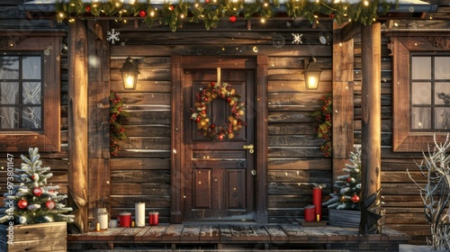 illustration of a door decorated for Christmas