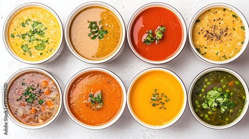 Assorted Creamy Soups in Bowls Top View