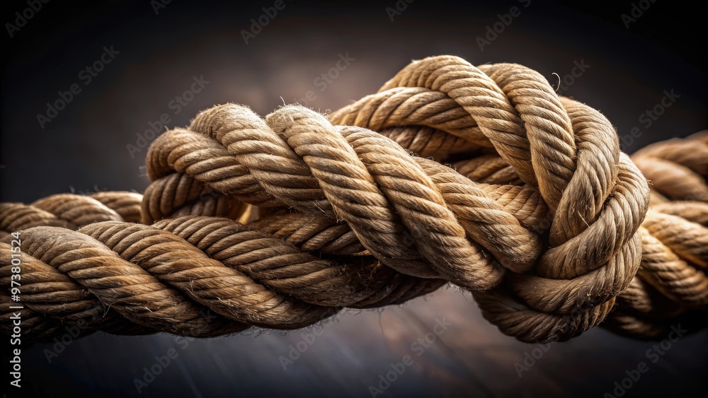 Close-up of thick, knotted rope against a dark background , rope, knot, textured, close-up, macro, strong, intertwined, twisted Close-up of thick, knotted rope against a dark background , rope, knot, textured, close-up, macro, strong, intertwined, twisted