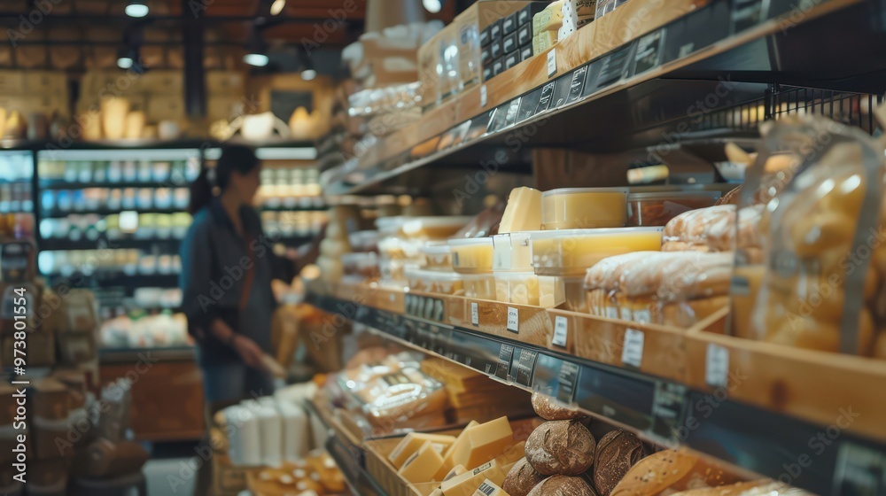 Grocery store staff replenishing shelves with locally sourced dairy products and artisanal breads Grocery store staff replenishing shelves with locally sourced dairy products and artisanal breads