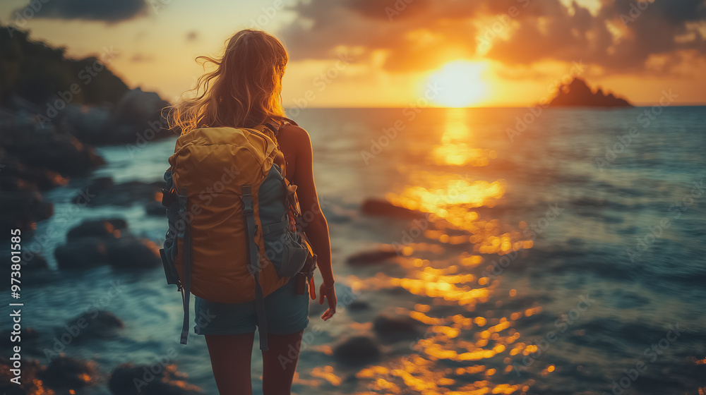 A woman is standing on a beach with a yellow backpack. The sun is setting in the background, creating a beautiful and serene atmosphere A woman is standing on a beach with a yellow backpack. The sun is setting in the background, creating a beautiful and serene atmosphere