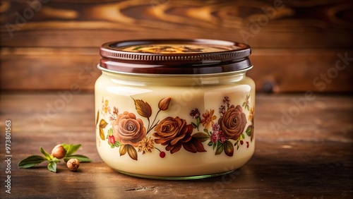 Cream jar with floral and chocolate designs on brown lid