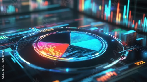 A holographic pie chart with different sectors, being recalibrated by a futuristic financial planner photo