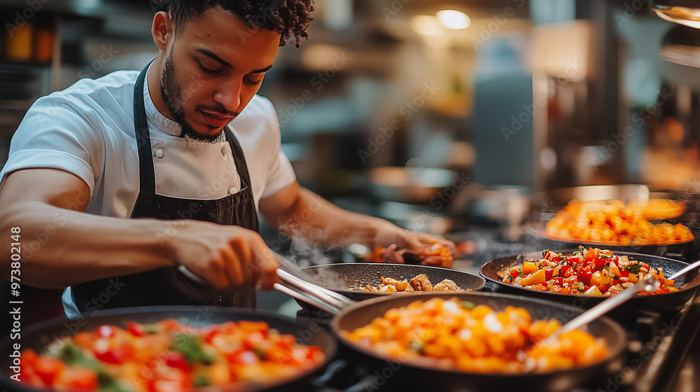 A chef is cooking food in a kitchen. The food is in a variety of pans and the chef is using a spatula to stir the food. The kitchen is well-equipped with a stove, oven, and other cooking utensils