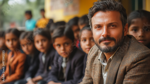 A man is standing in front of a group of children. The children are sitting in a row behind him