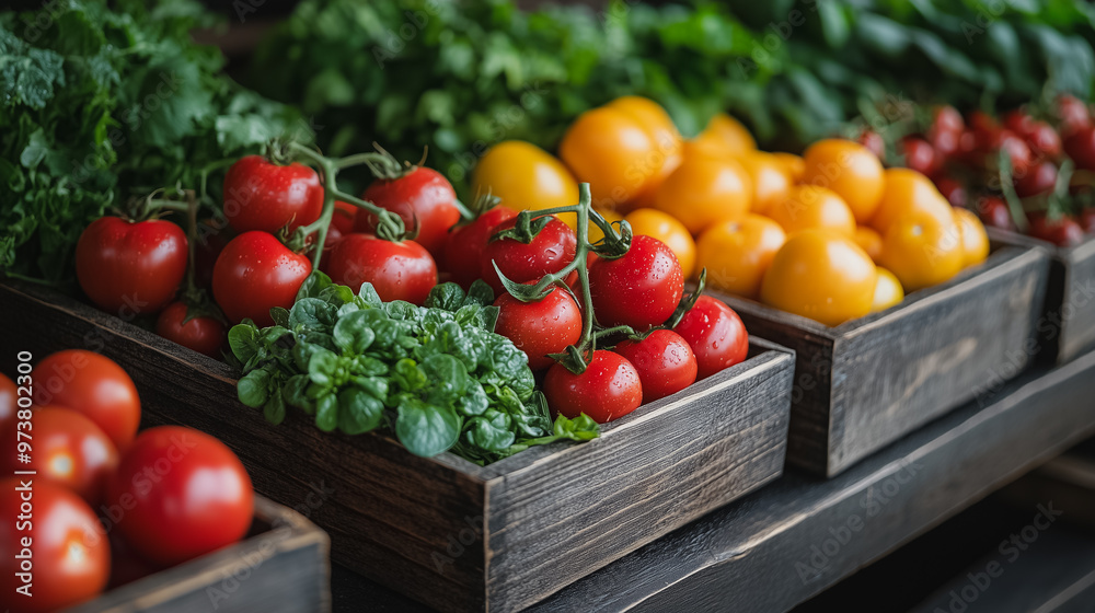 A variety of fresh vegetables including tomatoes, peppers, and basil are displayed in wooden crates. The crates are arranged on a table