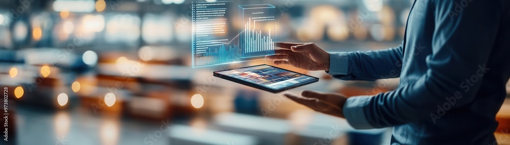 Businessman's hands reshaping a digital graph of ROI over time, floating above a logistics terminal Businessman's hands reshaping a digital graph of ROI over time, floating above a logistics terminal