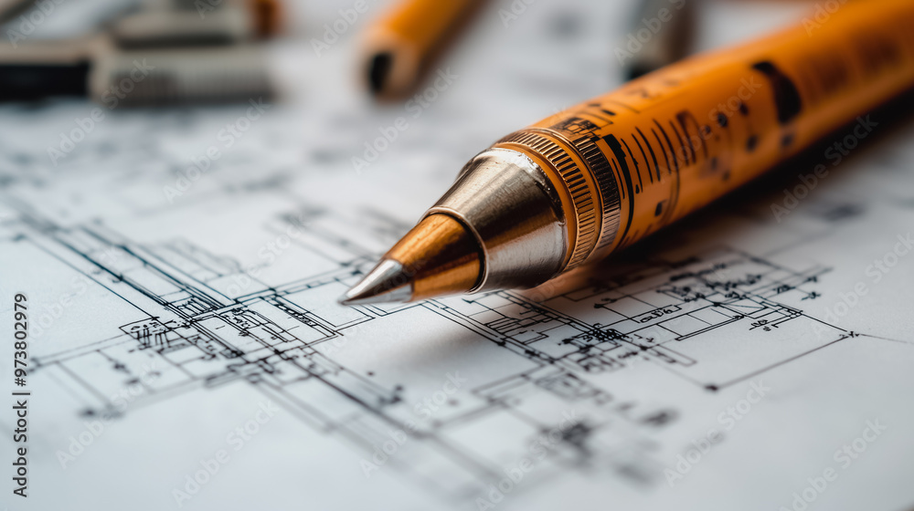 A pen is on top of a piece of paper with a drawing of a building. The pen is orange and has a silver tip A pen is on top of a piece of paper with a drawing of a building. The pen is orange and has a silver tip