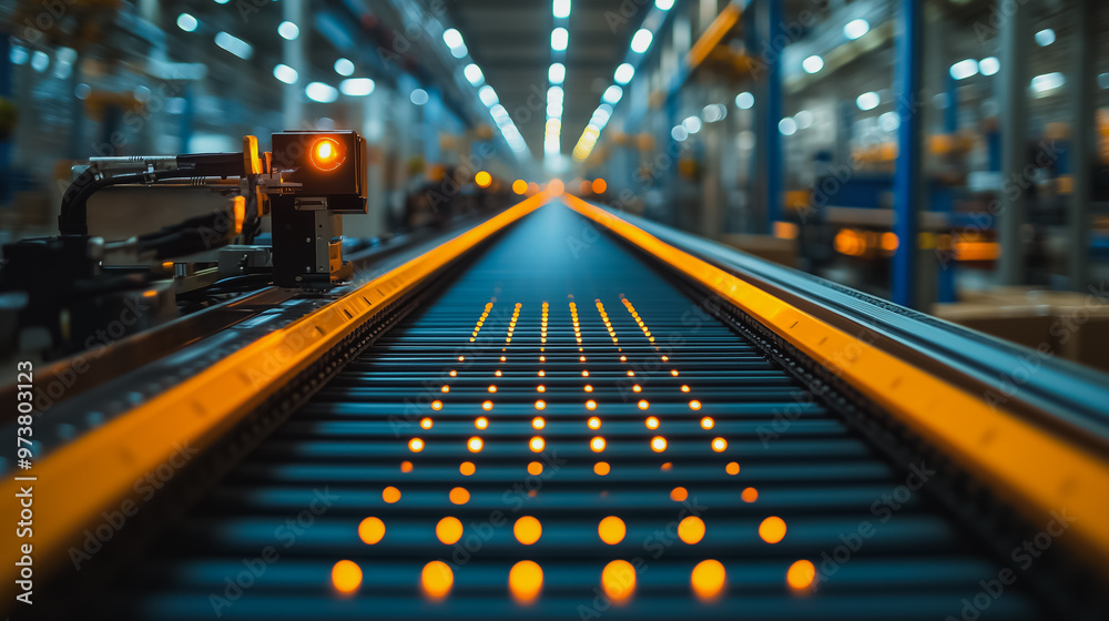 A conveyor belt with a yellow light on it A conveyor belt with a yellow light on it