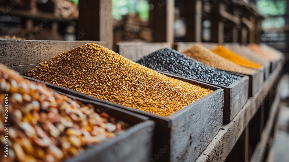 A row of wooden boxes with different colored grains of rice. The boxes are arranged in a row and are filled with various types of rice A row of wooden boxes with different colored grains of rice. The boxes are arranged in a row and are filled with various types of rice