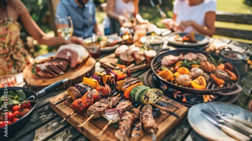 Friends hosting a backyard picnic, featuring grilled seasonal vegetables and farm-raised meats