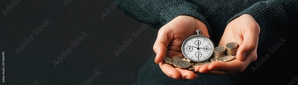 Hands holding a stopwatch and coins, symbolizing the time-sensitive nature of ROI, ultra-realistic composition Hands holding a stopwatch and coins, symbolizing the time-sensitive nature of ROI, ultra-realistic composition