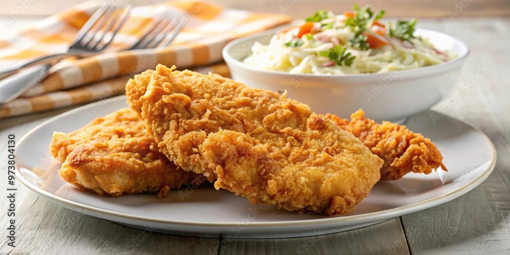 Crispy golden fried chicken fillet on a white plate with side of coleslaw Crispy golden fried chicken fillet on a white plate with side of coleslaw