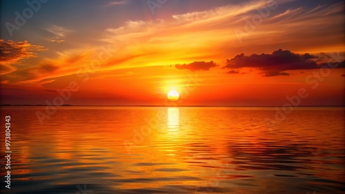 Fiery sun setting over calm water , sunset, reflection, ocean, vibrant, fiery, sun, sunbeam, horizon, tranquil, peaceful, beauty