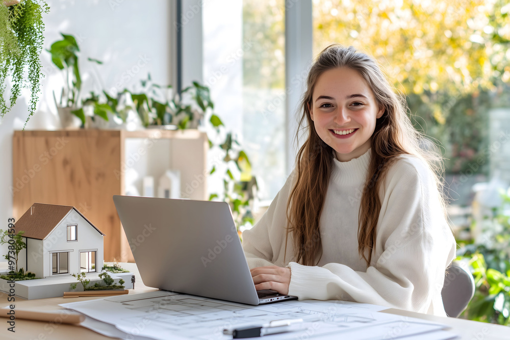 Female architect working at desk looking smiling face Female architect working at desk looking smiling face
