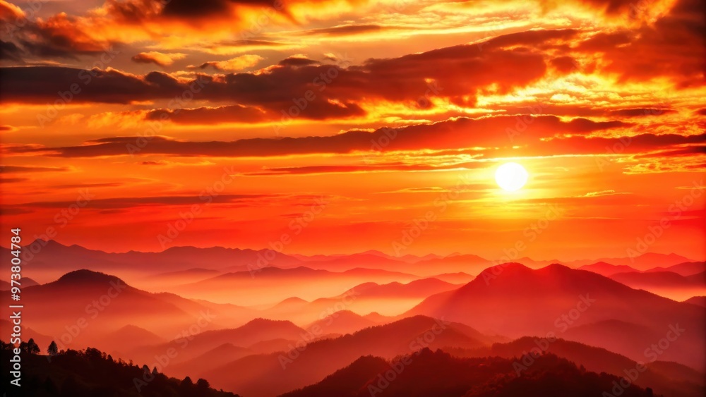 Red orange sunset over the mountains with heat distortion, sunset, red orange, mountains, hot, weather, heat, distortion Red orange sunset over the mountains with heat distortion, sunset, red orange, mountains, hot, weather, heat, distortion