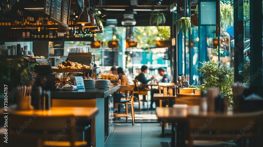 Interior View of a Cafe with Empty Tables and Blurred Customers Interior View of a Cafe with Empty Tables and Blurred Customers