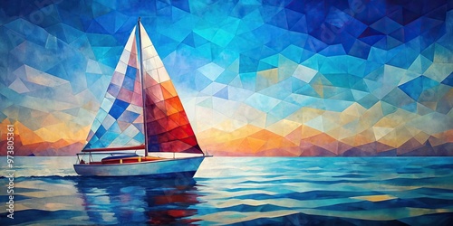 Cubist sailboat painting on ocean background in red and blue tones