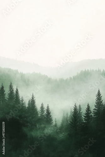 Fog rolling through a lush green coniferous forest