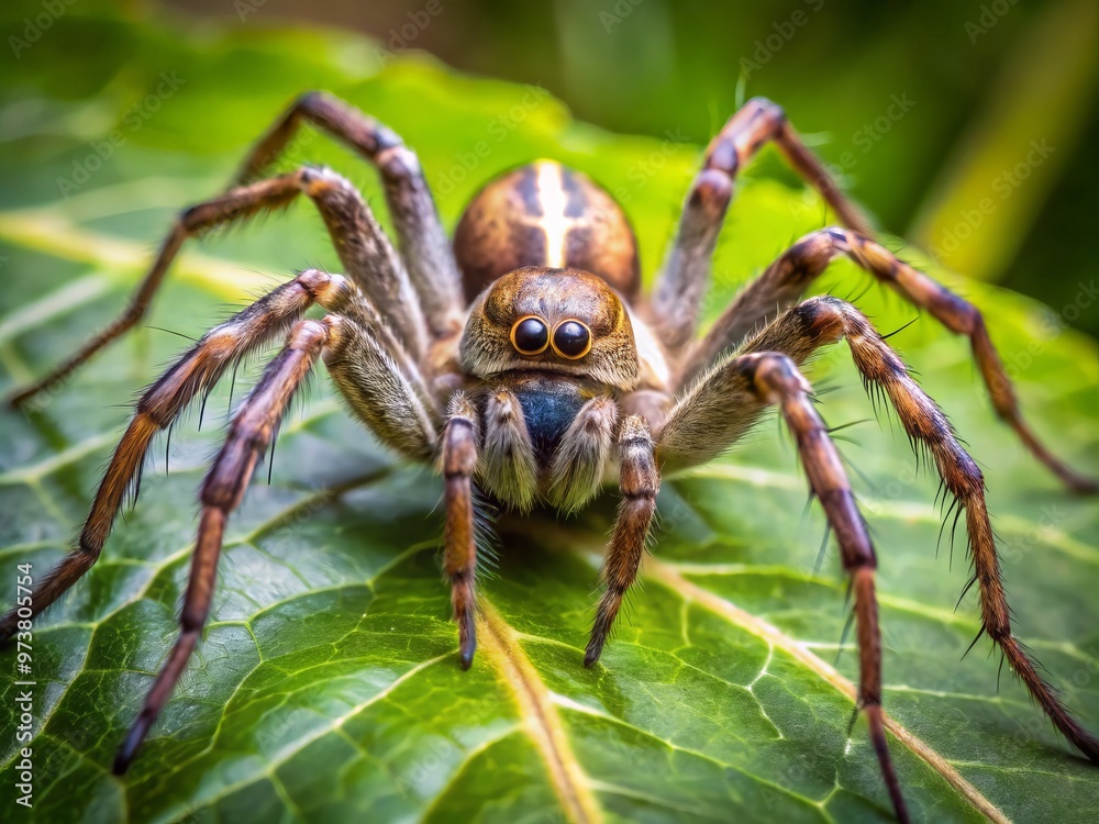 A large, grayish-brown fisher spider with striking white markings perches on a sunlit leaf, its eight eyes gazing A large, grayish-brown fisher spider with striking white markings perches on a sunlit leaf, its eight eyes gazing