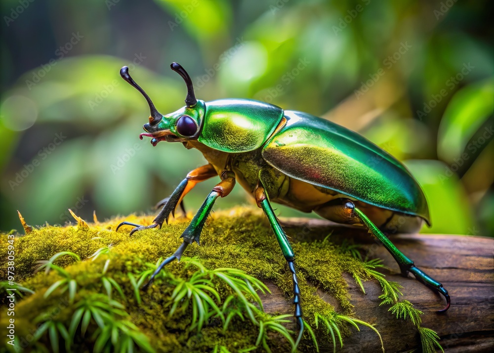 A large, iridescent green beetle with a distinctive curvaceous horn, Dynastes tityus, perches on a moss-covered log in A large, iridescent green beetle with a distinctive curvaceous horn, Dynastes tityus, perches on a moss-covered log in