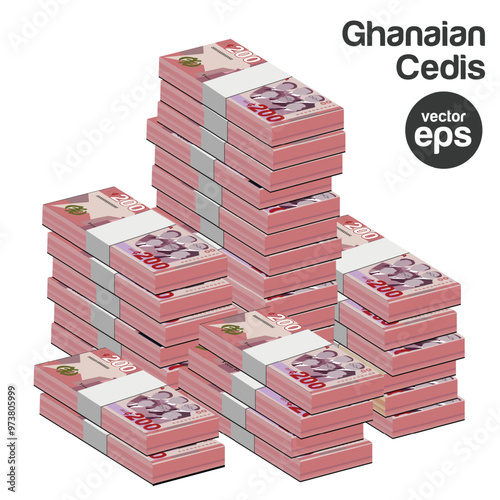 Vector illustration of stacks of 200 Ghanaian cedi notes. editable and scalable eps