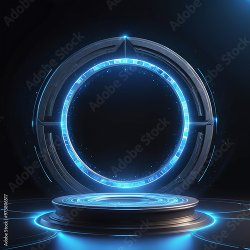 Abstract futuristic dark background of blue neon circles, glowing tech sci-fi frames. Futuristic Sci-Fi HUD Circles