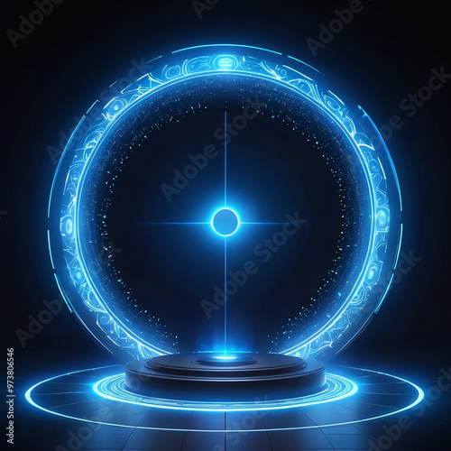 Abstract futuristic dark background of blue neon circles, glowing tech sci-fi frames. Futuristic Sci-Fi HUD Circles