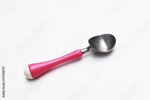 Stainless steel ice cream scooper with pink handle isolated against a white background.