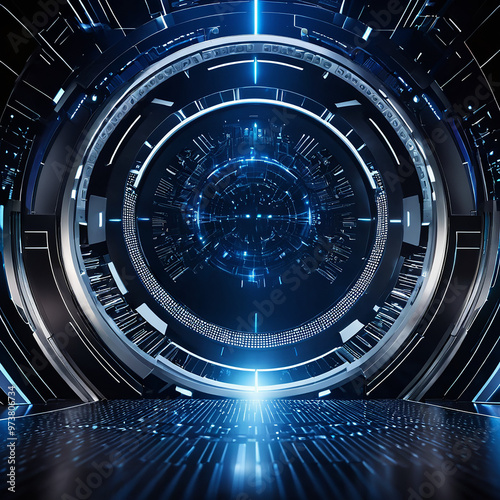 Magic circle teleportation podium with futuristic blue color. Abstract high-tech futuristic technology design. Circle shape. Sci-fi circle elements of light and lamps.