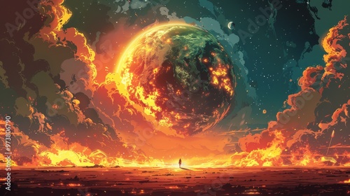 A lone figure stands before a fiery planet in a surreal landscape. photo