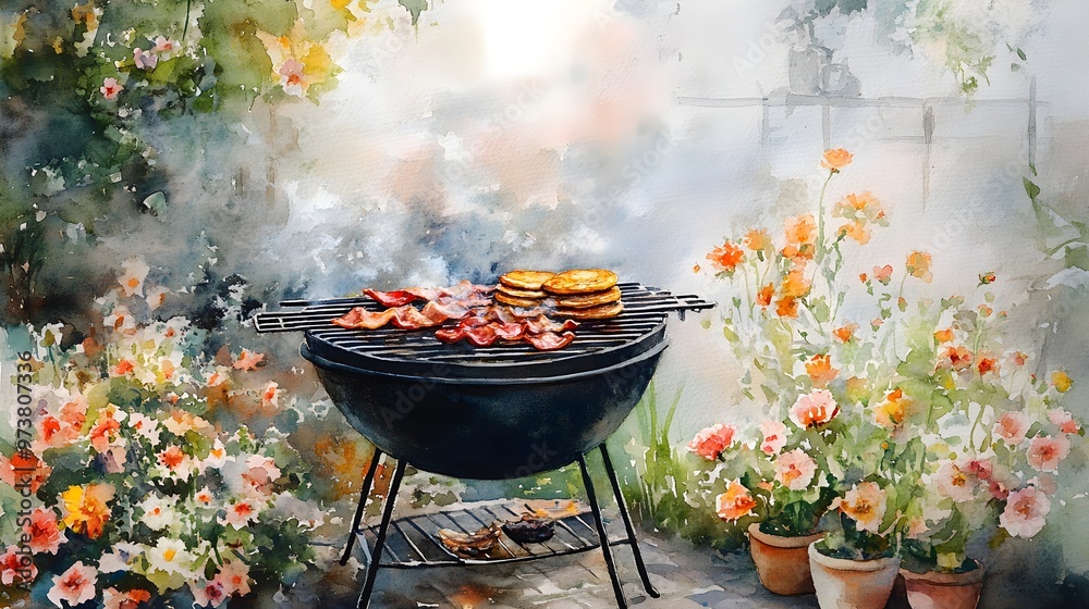 A sunny garden brunch, with a grill smoking pancakes and bacon, flowers in full bloom, watercolor, soft pastels, light and airy A sunny garden brunch, with a grill smoking pancakes and bacon, flowers in full bloom, watercolor, soft pastels, light and airy