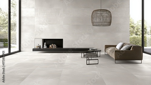 Modern living room with fireplace  large windows  and white tiles © BOJOShop