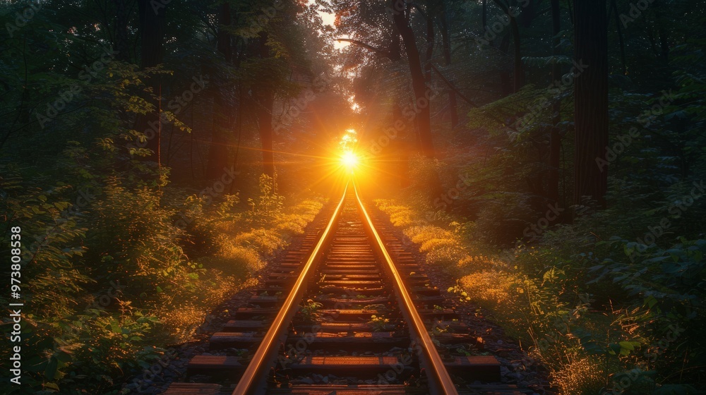 Naklejka premium A railroad track through a dense forest with sunlight shining through the trees at the end.