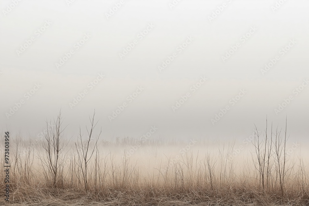 Obraz premium Fog covering the countryside with bare trees and dry grass