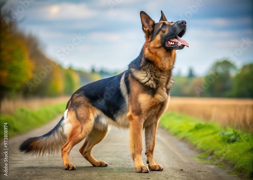 Alert and intense, a black and tan German Shepherd dog stands upright, mouth open, letting out a loud,