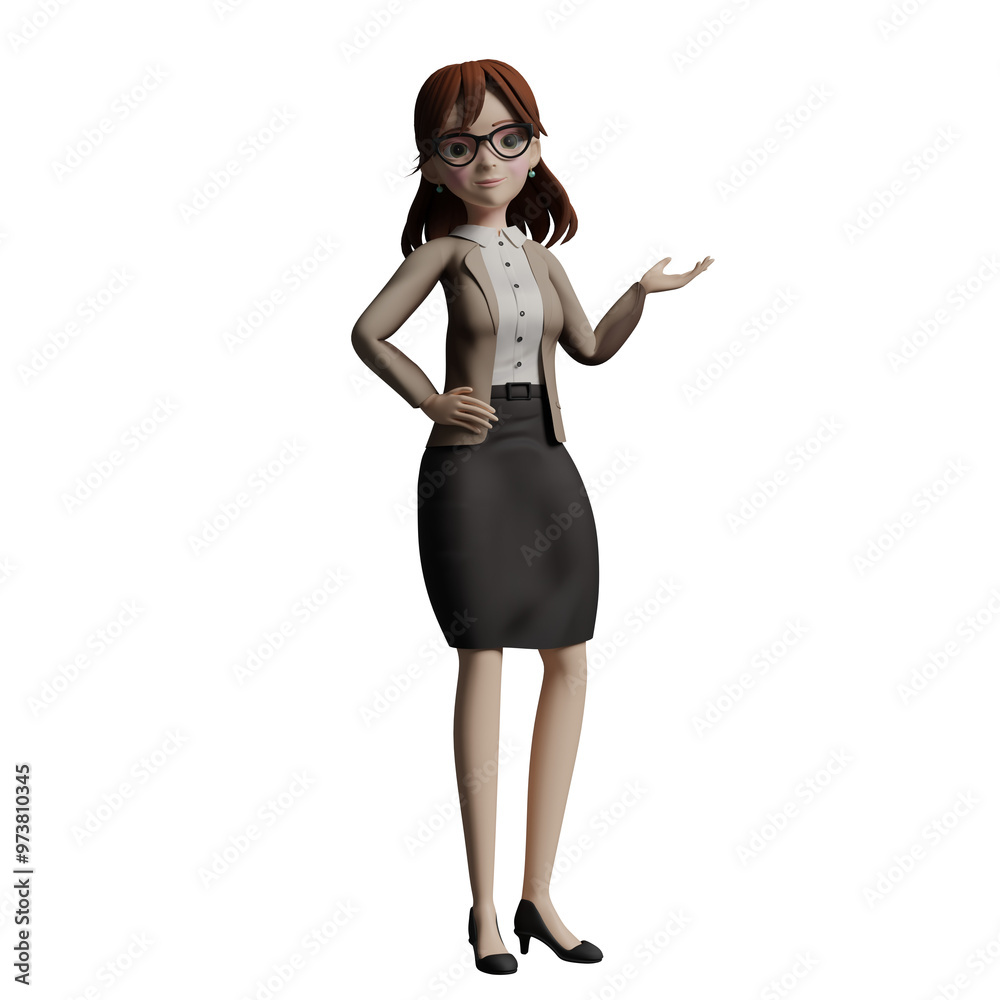 Fototapeta premium Educational Expert 3D Model. A female teacher stands with her arms open as if she is explaining something while her other hand is on her waist. Teacher Cartoon