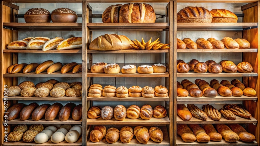 Freshly baked bread and pastries displayed on shelves , bakery, goods, display, delicious, fresh, baked, bread, pastries