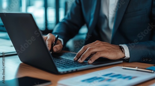 Businessman checking mortgage rates on a laptop, modern office background