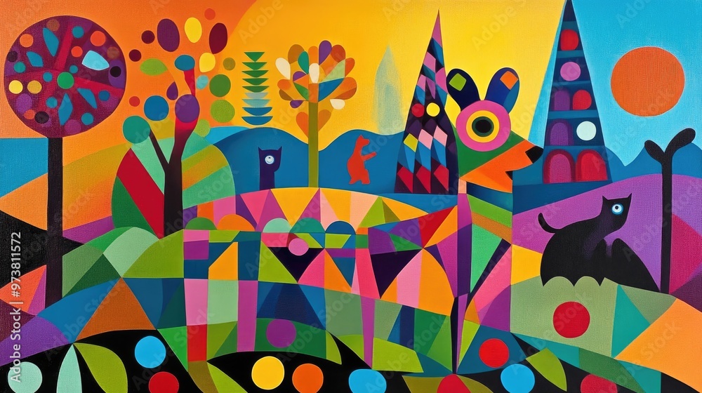 Naklejka premium Abstract Art: Geometric Shapes, Vibrant Colors, and a Colorful Landscape