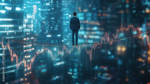 Businessman on a tightrope between debt piles and stock market charts, Financial balance, Market risks