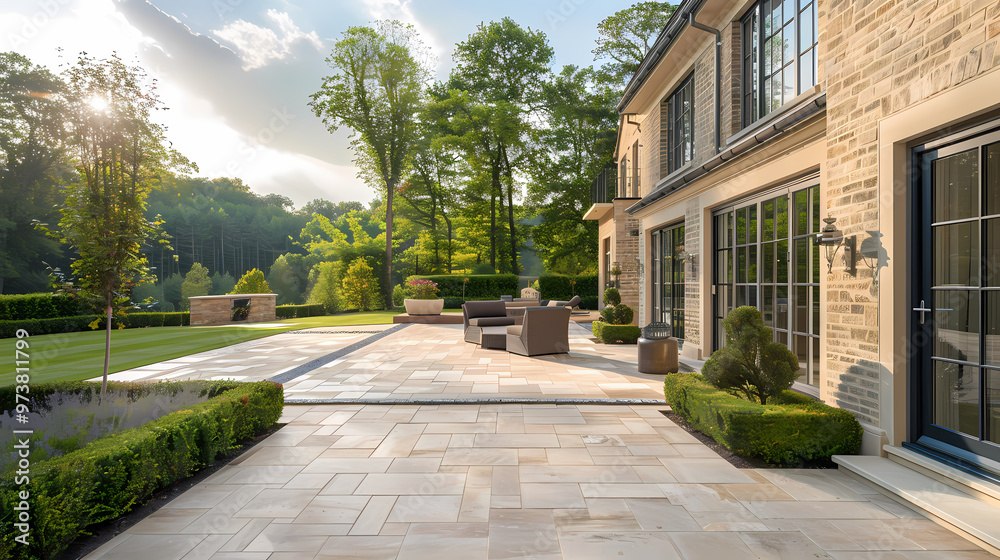 Obraz premium Done viwe Hard landscaping, new luxury stone patio and garden of an English home