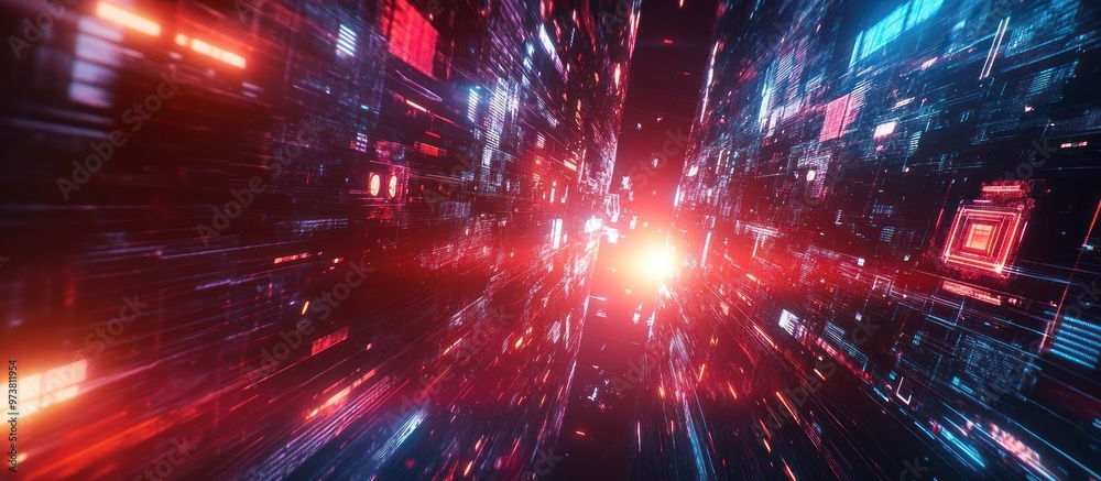 Fototapeta premium Cyberpunk Tunnel of Light and Data background wallpaper AI generated image