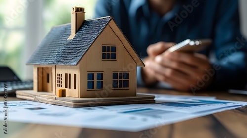 Close-up of a financial advisor's hand explaining a home loan refinance plan to a couple, with charts and credit scores in the background,