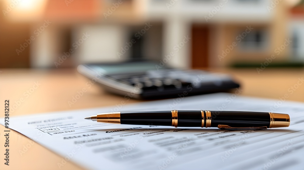 Close-up of a mortgage application on a desk, with a pen and calculator nearby, highlighting VA loan benefits, modern minimalistic design, soft lighting Close-up of a mortgage application on a desk, with a pen and calculator nearby, highlighting VA loan benefits, modern minimalistic design, soft lighting