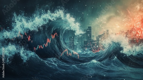 Digital art of a stormy sea with debt and stock symbols as waves, Economic storm, Market fluctuations