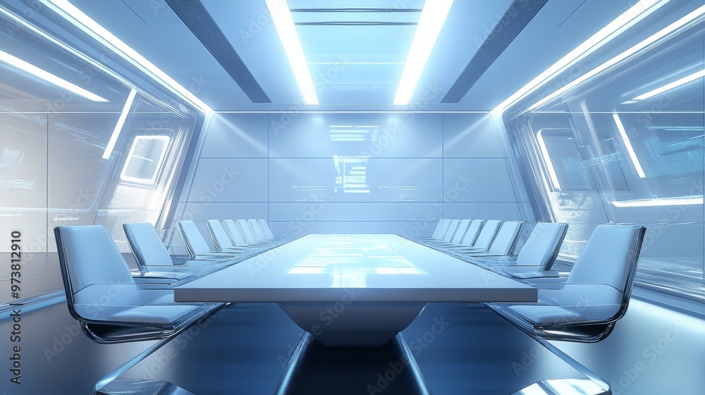 Futuristic meeting room with virtual expense reports, advanced facility equipment, and sleek interior design Futuristic meeting room with virtual expense reports, advanced facility equipment, and sleek interior design