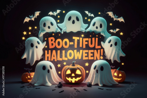 Boo tiful Halloween scene featuring group of adorable ghosts surrounding glowing pumpkin, creating festive and playful atmosphere. Perfect for Halloween celebrations! photo